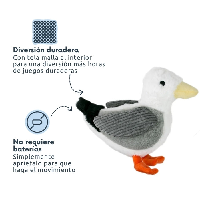 Peluche sensorial para perros Tall Tails modelo Gaviota, con tela malla interior y no requiere baterías para usarlo.