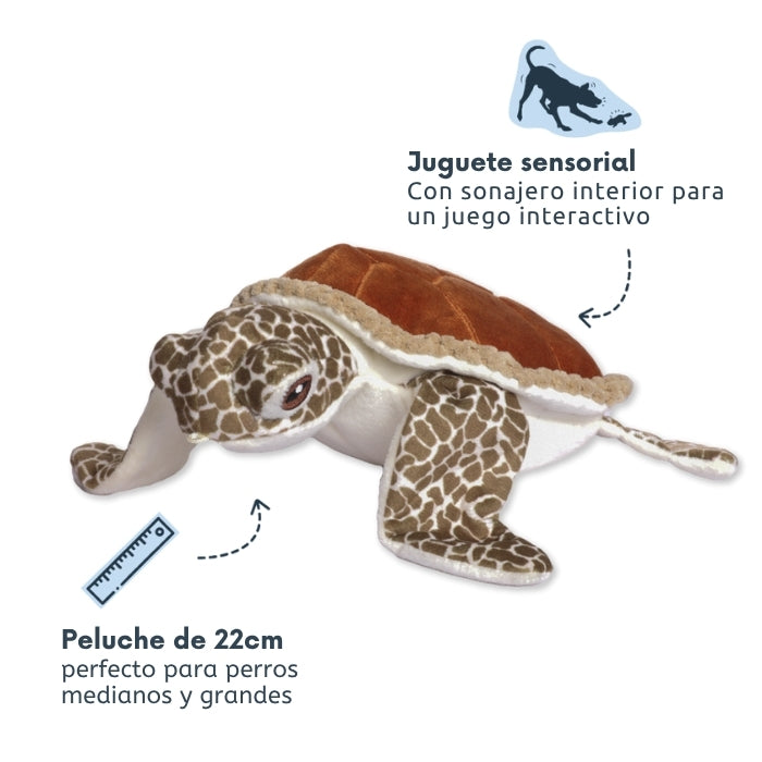 Peluche animado sensorial para perros con diferentes texturas y sonidos marca tall tails modelo tortuga, mide 22 cms