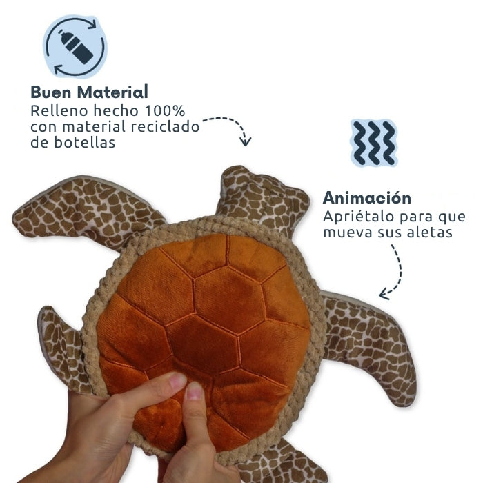 Peluche sensorial para perros integrado cona nimación mecánica relleno de material reciclado. Marca Tall Tails modelo Tortuga