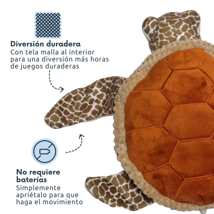 peluche sensorial animado para perros con tela malla interior para mayor durabilidad y no requiere baterías para su funcionamiento. Marca Tall Tails modelo tortuga