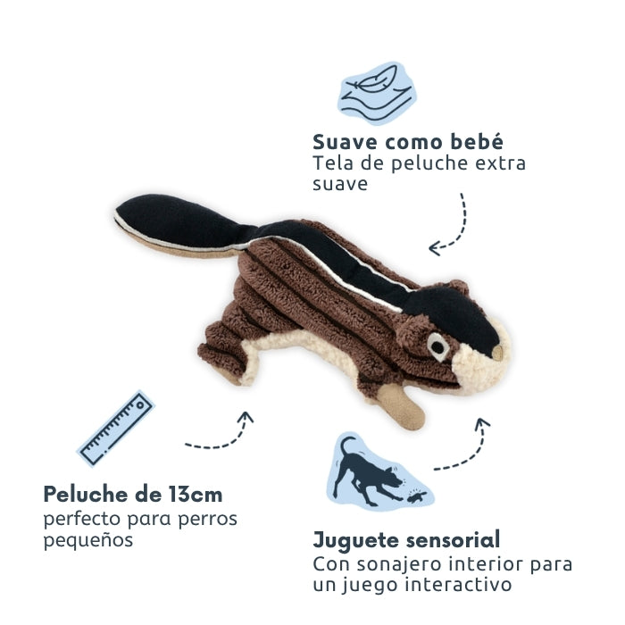 Peluche sensorial para perros pequeños modelo Ardilla de 13 cms, con distintos sonidos y texturas con tela extra suave 