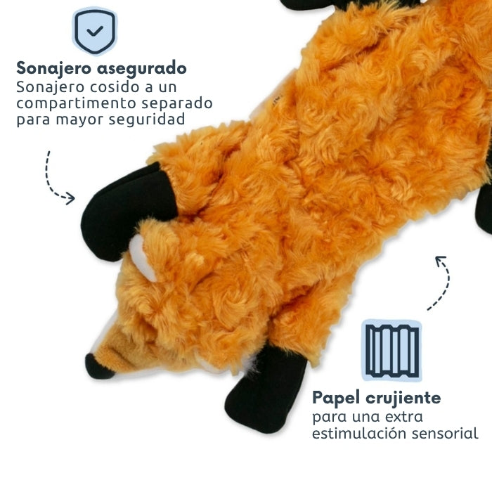 Peluche sensorial para perros Zorro Tall Tails sin relleno con sonajero asegurado en el interior y papel crujiente para darle más texturas