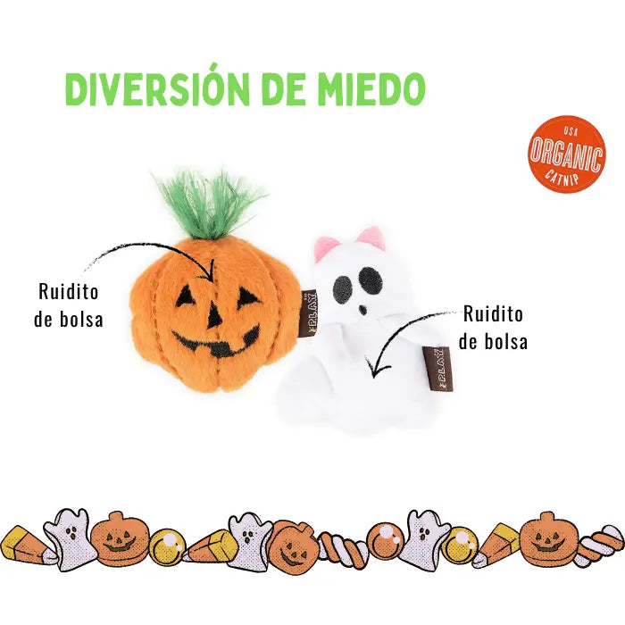 Peluches para Gatos con Catnip Organico PLAY Feline Frenzy Una Michi Pandilla de Miedo Set x2