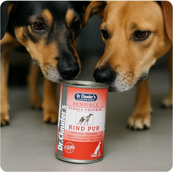 Perritos olfateando lata de alimento húmedo completo premium Sensible Pure Beef 100% Vacuno