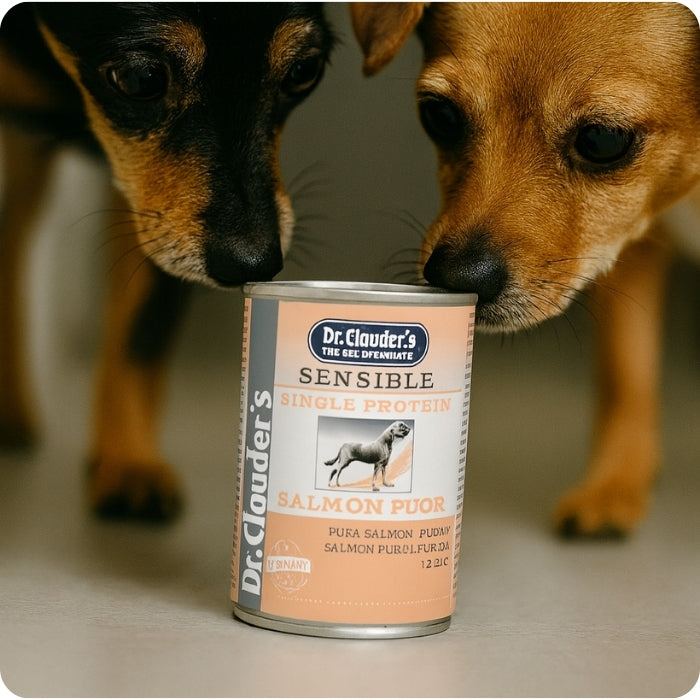 Perritos oliendo lata alimento humedo completo 100% salmón monoproteico Dr Clauder's
