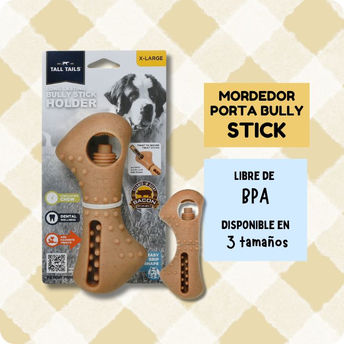 Mordedor recreacional de nylon y celulosa para perros. Este modelo es además sujetador de Bully Stick libre de BPA y está disponible en 3 tallas distintas Tall Tails