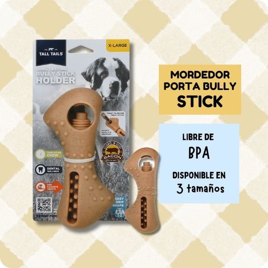 Mordedor recreacional de nylon y celulosa para perros. Este modelo es además sujetador de Bully Stick libre de BPA y está disponible en 3 tallas distintas Tall Tails