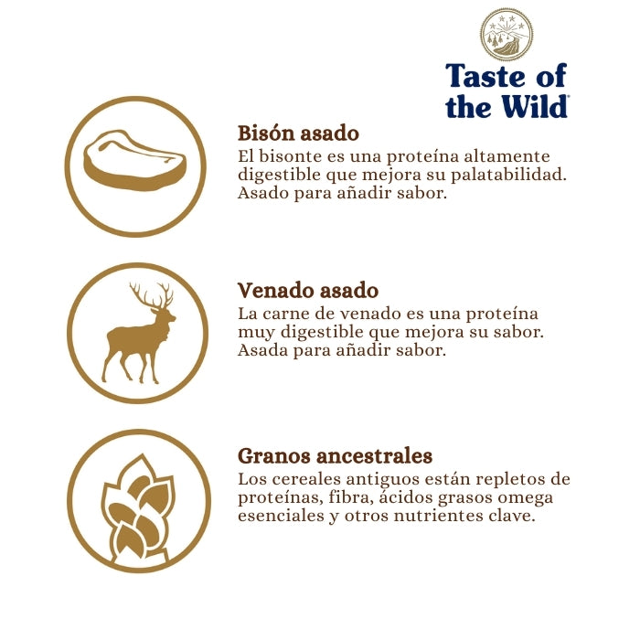 Principales ingredientes de Taste of the Wild Ancient Praire con granos ancestrales: Bisón, y venado asado y granos ancestrales.