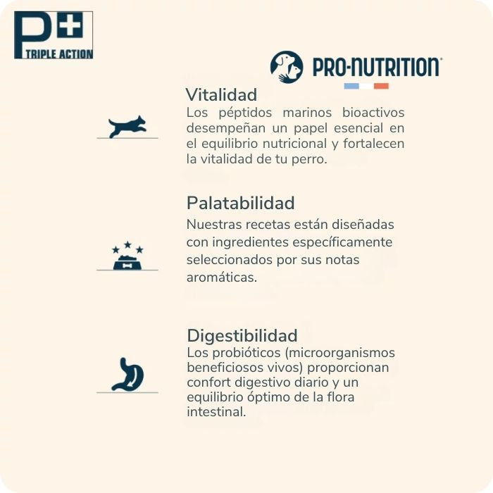 Pro-nutrition prestige adult 8+ mini: le da más vitalidad, es más palatable y tiene muy buena digestibilidad