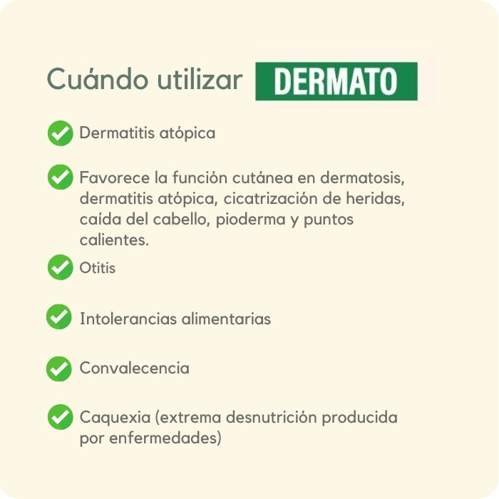 Cuándo se recomienda usar Protect Dermato de Pro Nutrition: en casos de dermatitis atópicas, dermatosis, cicatrización de heridas, caída del cabello, pioderma y puntos calientes (hot spots)