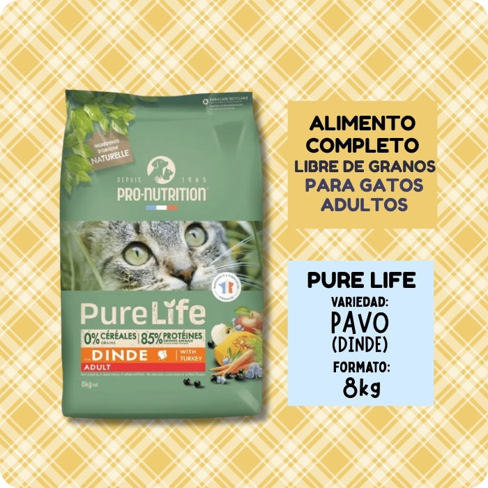 Alimento completo para gatos adultos libre de granos. Pure Life Dinde (Pavo) de Pro Nutrition. Formato de 8kg.