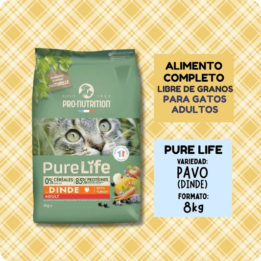 Alimento completo para gatos adultos libre de granos. Pure Life Dinde (Pavo) de Pro Nutrition. Formato de 8kg.