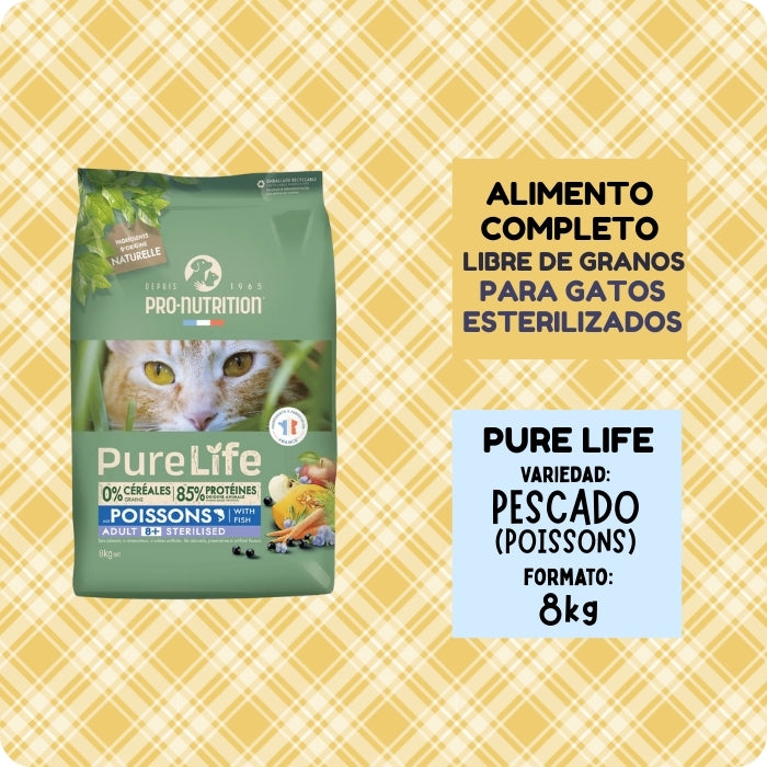 Alimento completo para gatos adultos esterilizados libre de granos Pure Life Poissons de Pro Nutrition. Variedad de pescado formato de 8kg.