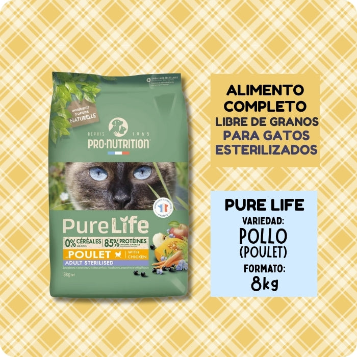 Alimento completo libre de granos para gatos esterilizados Pure Life Poulet Pollo. Formato de 8kg
