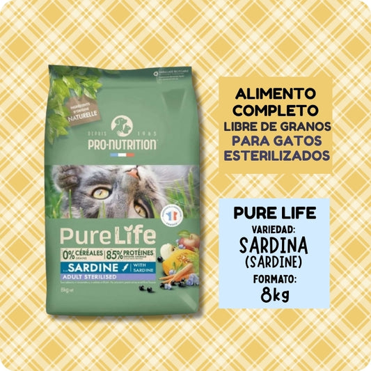 Pro Nutrition Pure Life Sardine alimento completo libre de granos para gatos esterilizados mayores de 8 años.