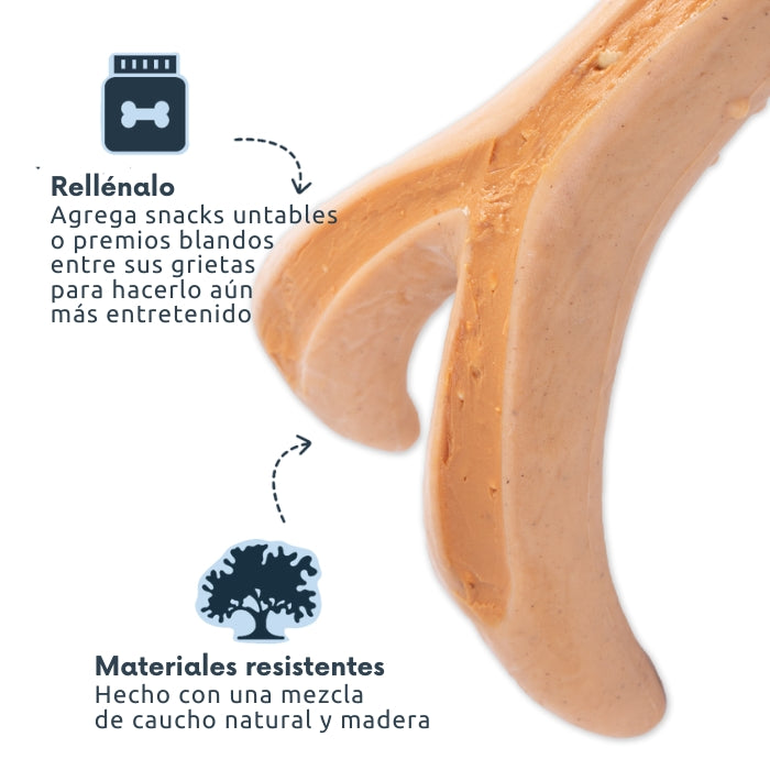 Propiedades mordedor recreacional para perros: Puede rellenarse con snacks untables y está hecho de materiales naturales y resistentes.