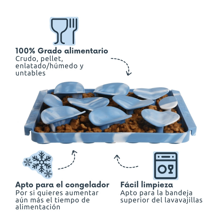 Material de grado alimentario, apto para todo tipo de alimentación de perros: dieta cruda, dieta de pienso (pellet/kibble) alimento húmedo o alimentos o snacks untables. Materia apto para el congelador y apto para la bandeja superior de lavavajillas. Foraging Mat de Tall Tails
