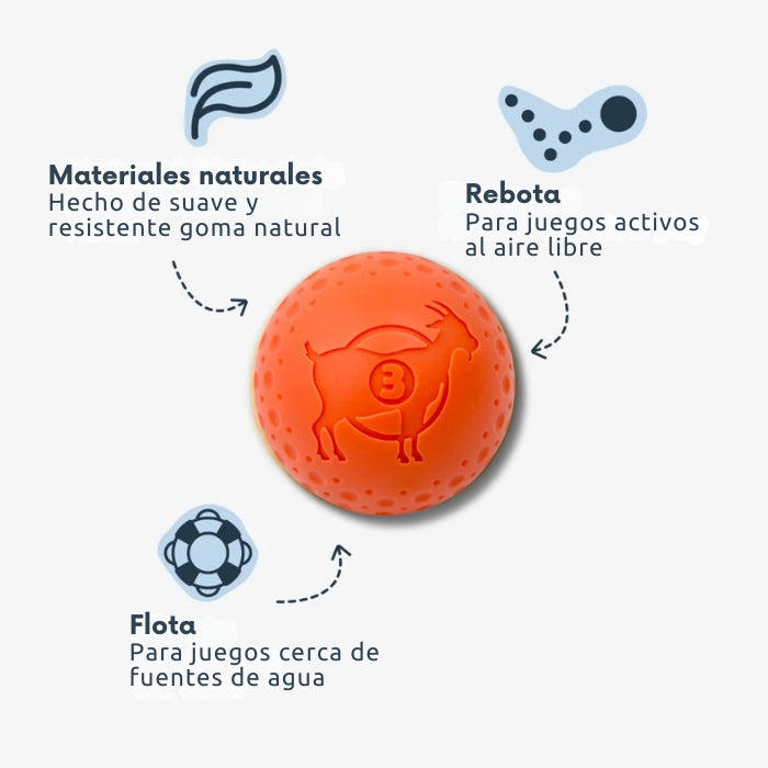 Pelota deportiva para perros GOAT: hecha de goma natural, rebota y flota.