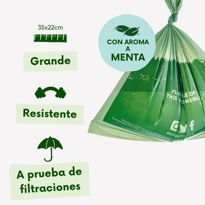 Propiedades Poop bag Beco: grandes, resistentes, a prueba de filtraciones y con un suave aroma a menta.