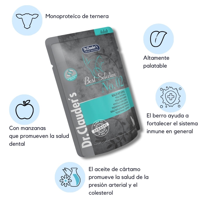 Propiedades alimento húmedo completo para gatos adultos Best Selection No. 02 Dr. Clauder's monoproteico de ternera