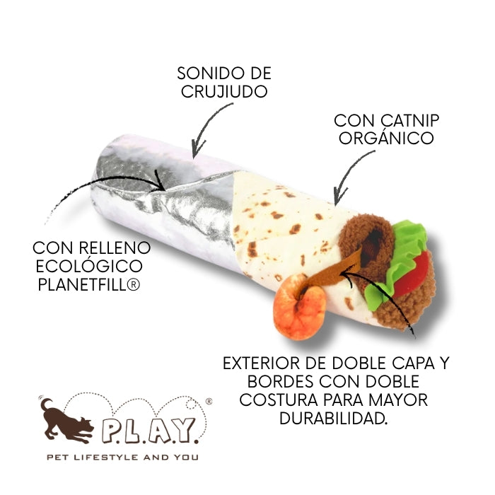 Propiedades peluche sensorial Shrimp purrito para gatos con relleno ecologico y doble capa para mayor durabilidad