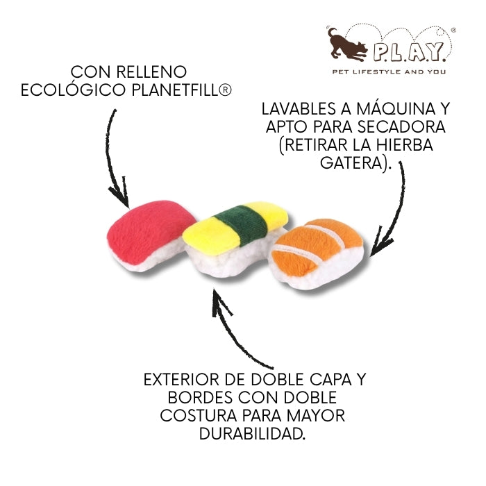 Propiedades peluches sensoriales para gatos Sassy Sushi con relleno ecológico y aptos para lavar a máquina