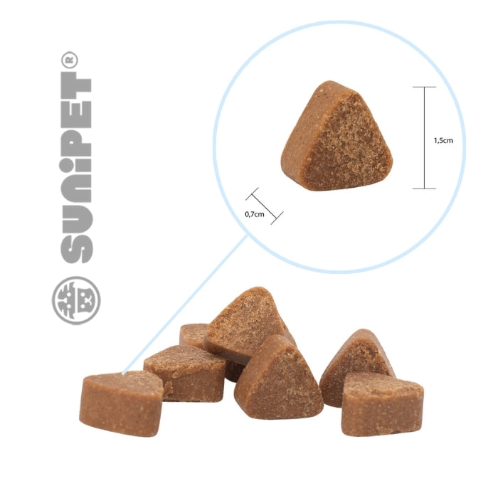 Propiedades de los masticables SuniCalm de SuniPet. Tamaño de la gomita.
