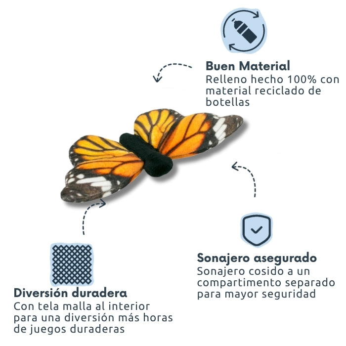 Peluche sensorial para perros Mariposa Tall Tails con relleno de material reciclado, tela malla interior y el sonajero interior asegurado