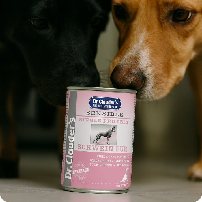 Perritos olfateando lata sensible Pure Pork alimento humedo completo para perros