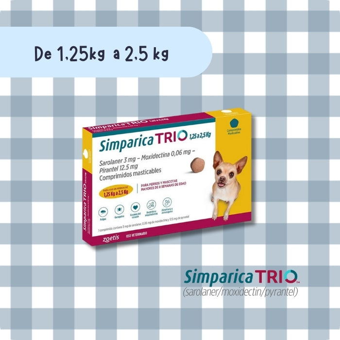 Antiparasitario interno y externo para perros Simparica Trio de 1.2 a 2.5 kg