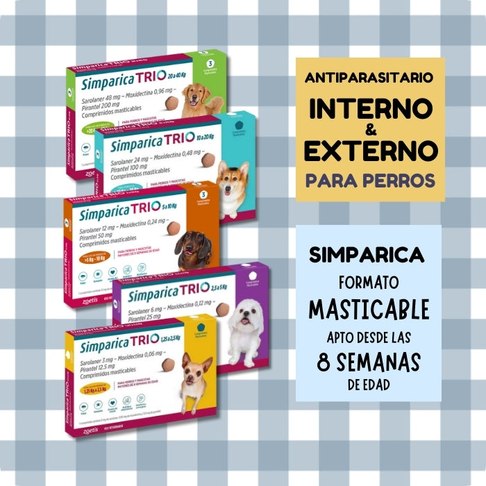 Antiparasitario interno y externo para perros Simparica TRIO formato masticable