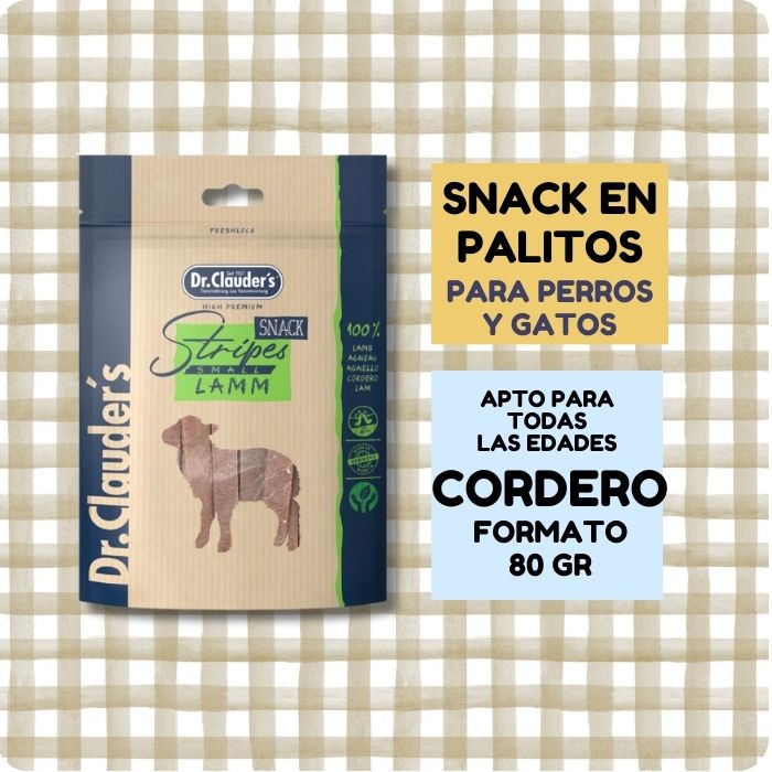 Snacks naturales para perros y gatos en palitos blandos variedad de Cordero Stripes Lamm Dr. Clauder's