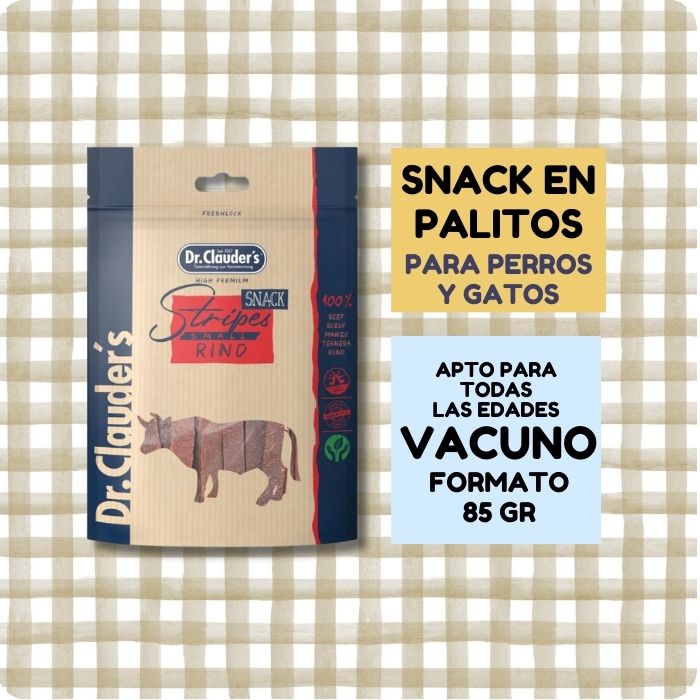 Snacks naturales para perros y gatos en palitos blandos variedad vacuno Stripes Rino Dr. Clauder's