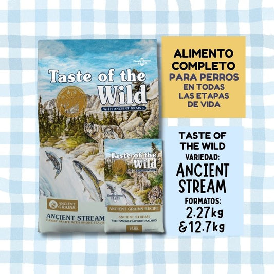 Taste of the wild Ancient Stream con granos ancestrales. Alimento completo para perros en toda las etapas de la vida.. Disponible en formatos de 2.27kg y 12.7kg