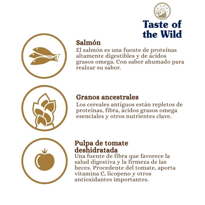 Taste of the wild Ancient Stream con granos ancestrales.Ingredientes: Salmón, granos ancestrales y pulpa de tomate deshidratada.