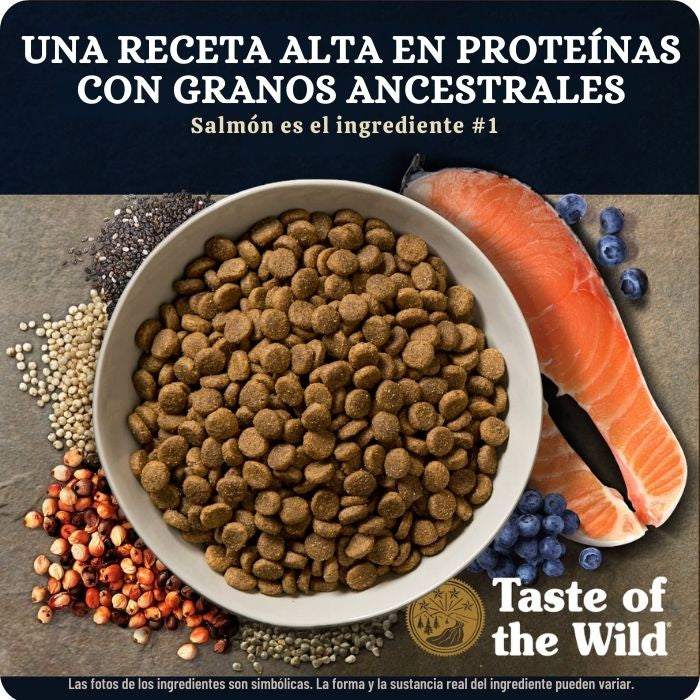 Taste of the wild Ancient Stream con granos ancestrales receta con Salmón como primer ingrediente.