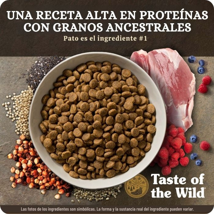 Taste of the Wild Ancient Wetlands con granos ancestrales, el primer ingrediente de la receta es Pato