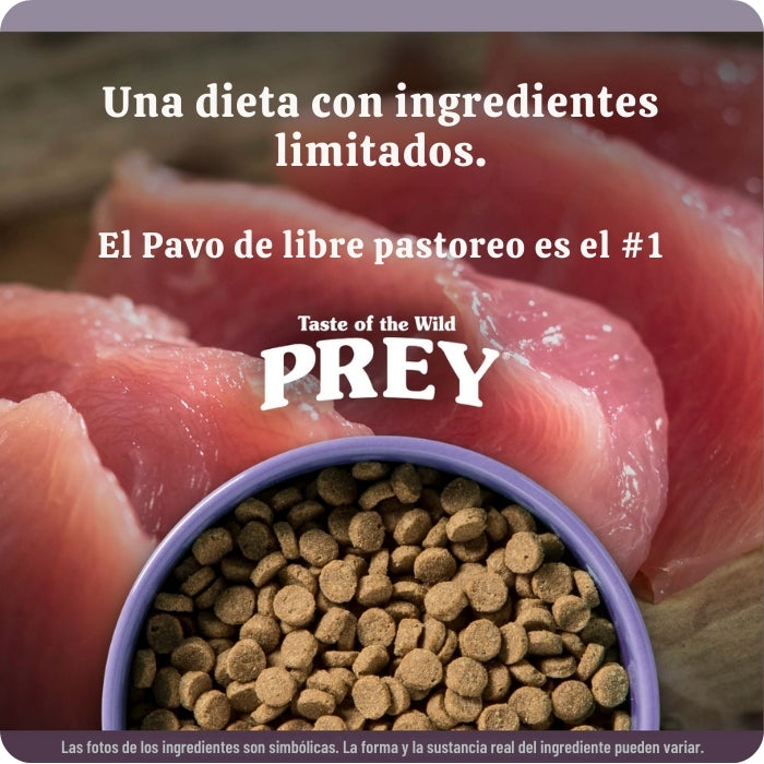 Alimento completo para gatos en todas las etapas de vida Taste of the Wild Prey Turkey Recipe. Receta de Pavo. Una dieta con ingredientes limitados, donde el pavo de libre pastoreo es el primer ingrediente.