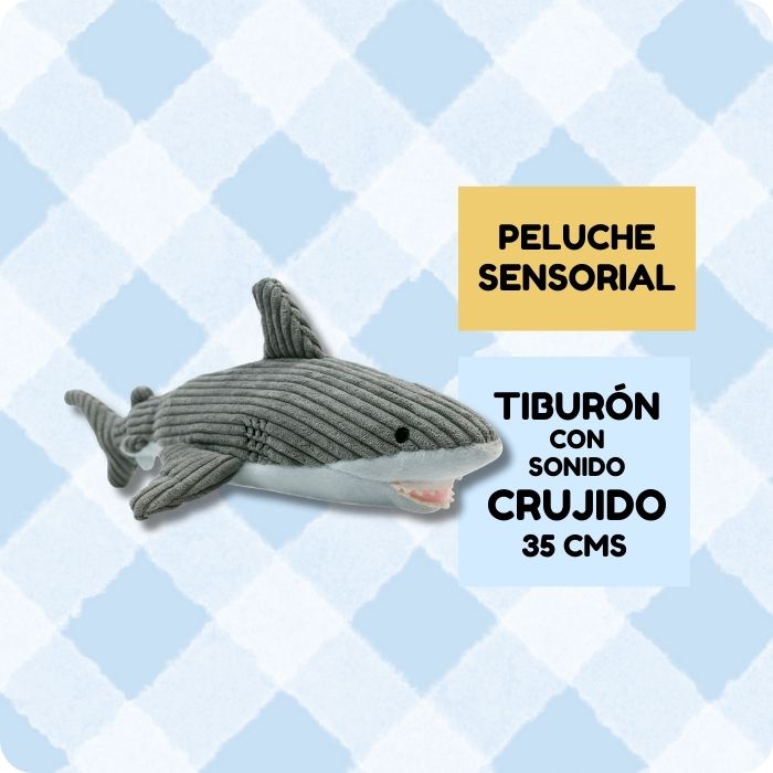 Peluche sensorial para perros Tiburón con sonido crujido de 35 cms de largo. Tiene una botalla en su interior