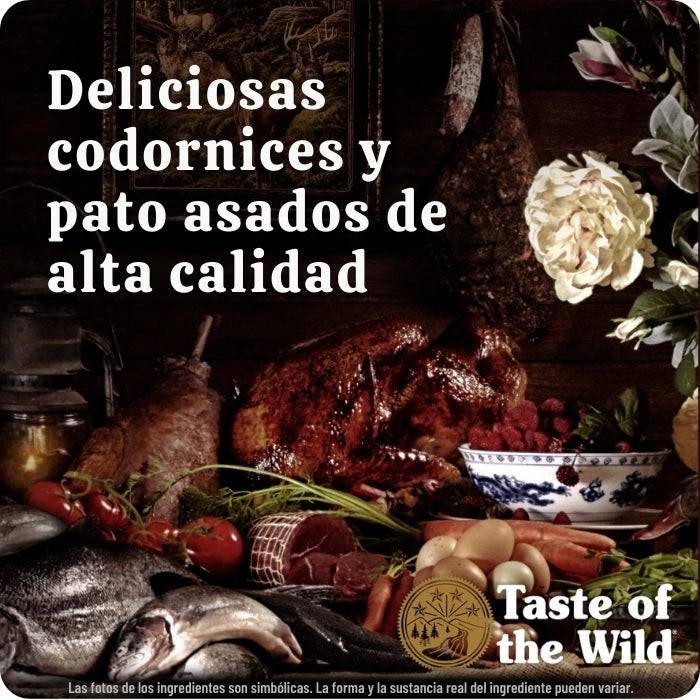 Alimento completo para gatos en todas las etapas de la vida Taste of the Wild Lowland Creek con deliciosas codornices y patos asados.