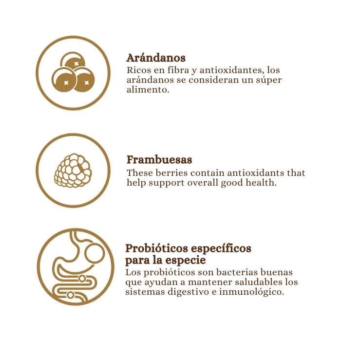 Taste of the Wild Lowland Creek para gatos principales ingredientes:arándanos, frambuesas, y probióticos específicos para la especie.