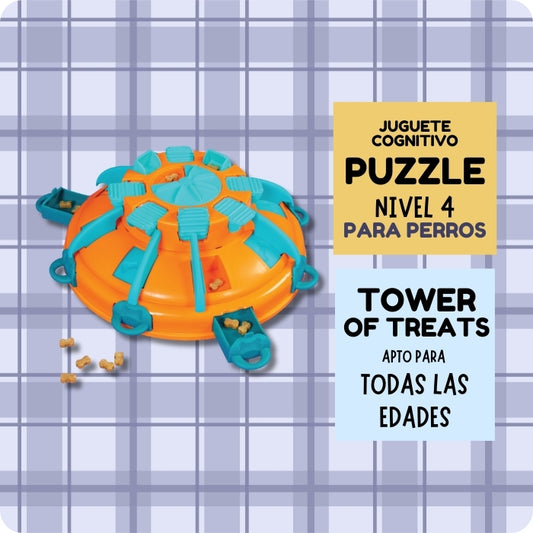 Juguete cognitivo para perros tipo puzzle nivel 4. Tower of treats de Nina Ottosson.