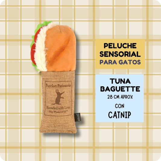 Peluche sensorial para gatos Tuna Baguette con multiples sonidos y texturas incluye catnip en su interior