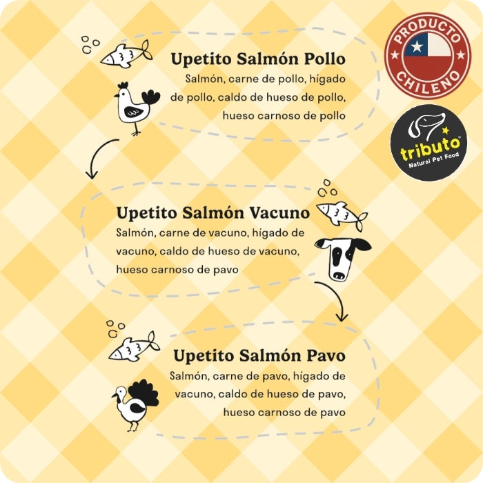 Variedades suplemento alimenticio para perros y gatos Upetito salmón pollo, salmón vacuno y salmón pavo