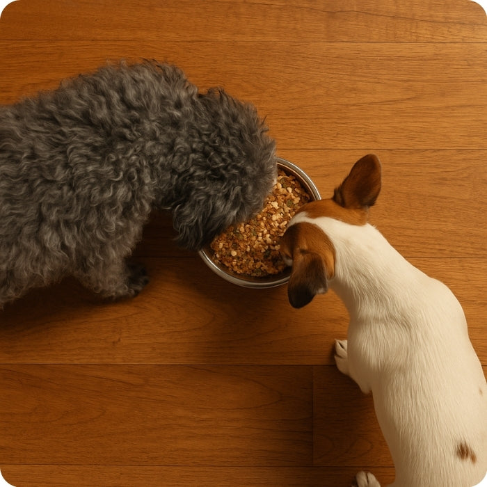 Perros comiendo Wankun alimento deshidratado