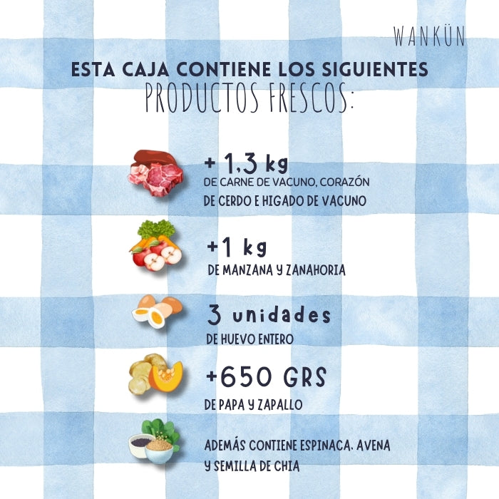 Ingredientes alimento deshidratado para perros Wankun carne de vacuno, corazón de cerdo, hígado de vacuno, manzana, zanahoria, huevo entero, papa. zapallo, espinaca, avena, semilla de chia