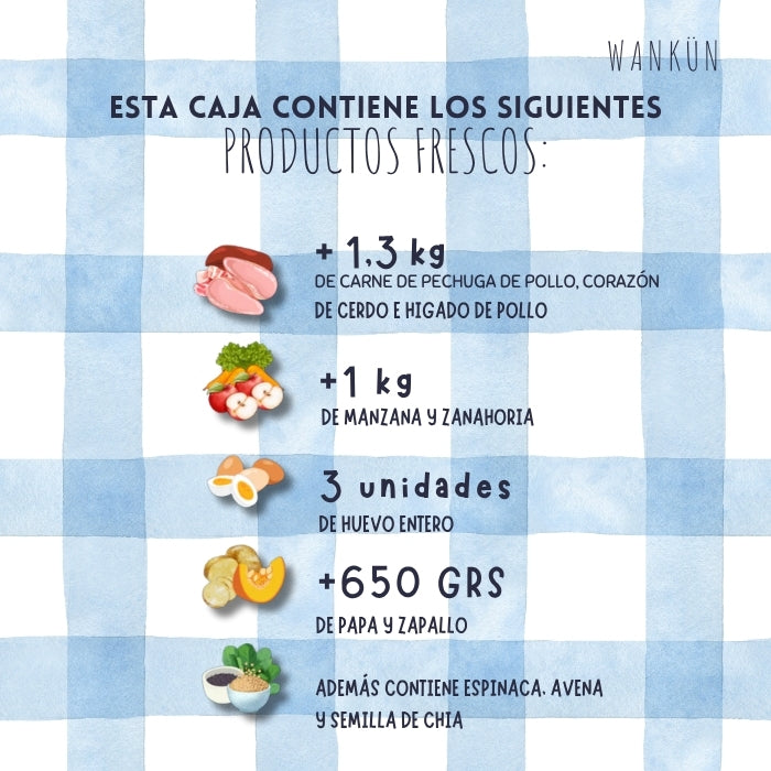 Ingredientes alimento deshidratado para perros Wankun carne de pechuga de pollo, corazón de cerdo, higado de pollo, manzana, zanahoria, huevo entero, papa, zapallo, espinaca, avena y semilla de chia