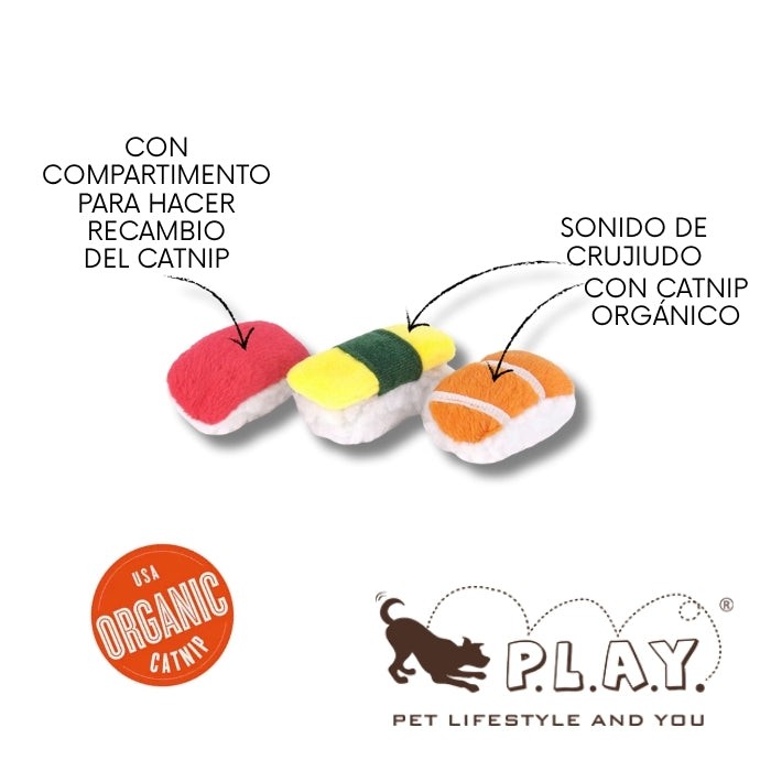 Caracteristicas peluche sensorial sassy sushi para gatos con crujidos y catnip organico