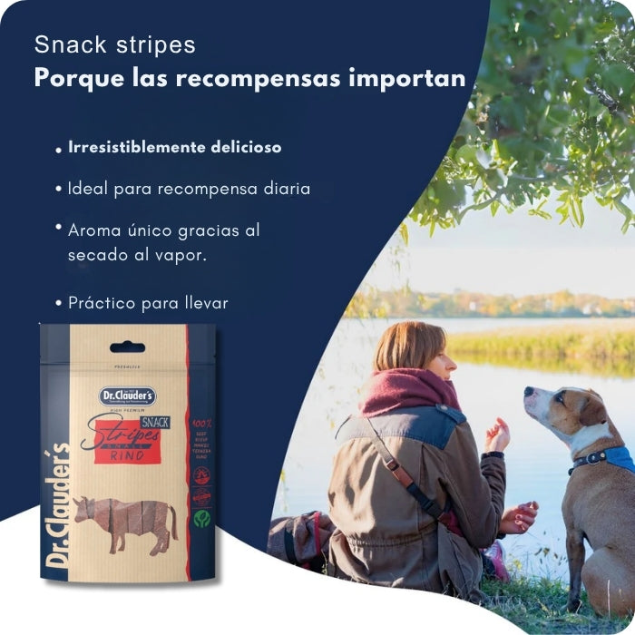Características snack natural para perros y gatos en palitos blandos variedad Vacuno Stripes Rino Dr. Clauder's