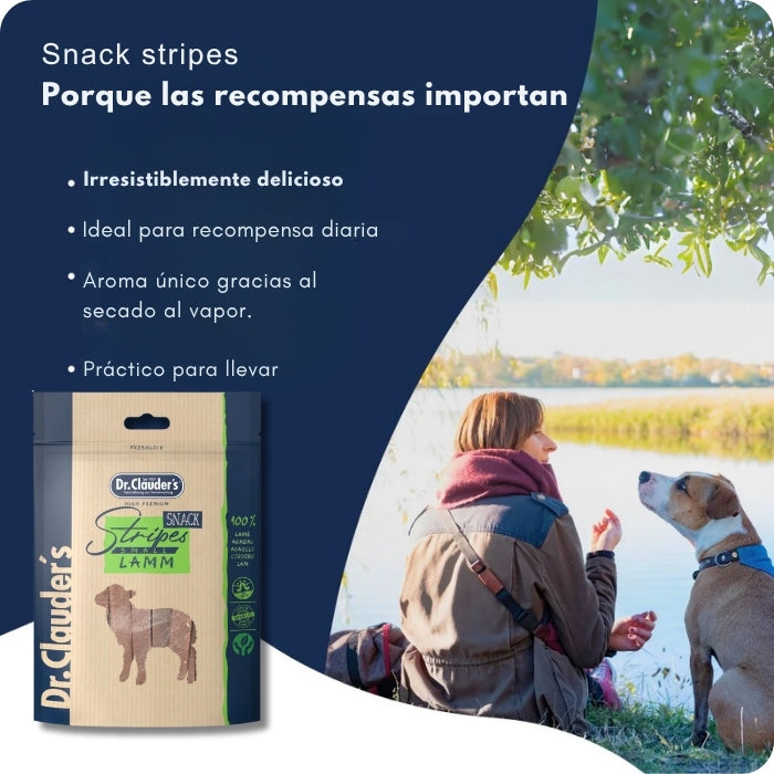 Caracteristicas snack natural para perros y gatos palitos blandos variedad Cordero Stripes Lamm Dr. Clauder's